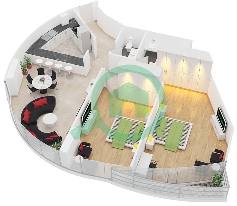 المخططات الطابقية لتصميم الوحدة 10 شقة 2 غرفة نوم - برج زينيث A2 interactive3D
