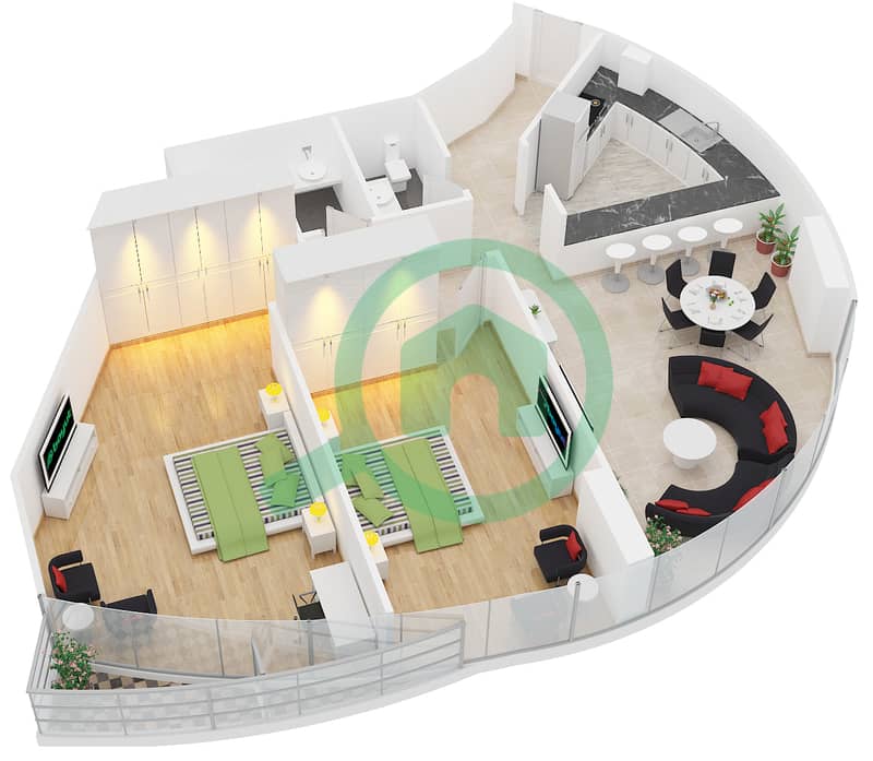المخططات الطابقية لتصميم الوحدة 1 شقة 2 غرفة نوم - برج زينيث A2 interactive3D
