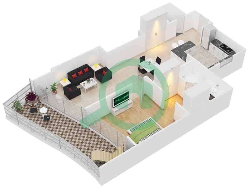 المخططات الطابقية لتصميم الوحدة 6 شقة 1 غرفة نوم - برج زينيث A2 interactive3D