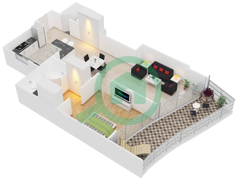المخططات الطابقية لتصميم الوحدة 5 شقة 1 غرفة نوم - برج زينيث A2 interactive3D