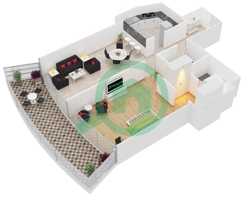 المخططات الطابقية لتصميم الوحدة 7 شقة 1 غرفة نوم - برج زينيث A2 interactive3D