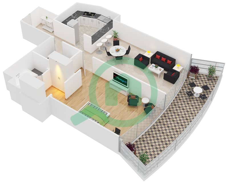 顶峰大厦A2 - 1 卧室公寓单位4戶型图 interactive3D