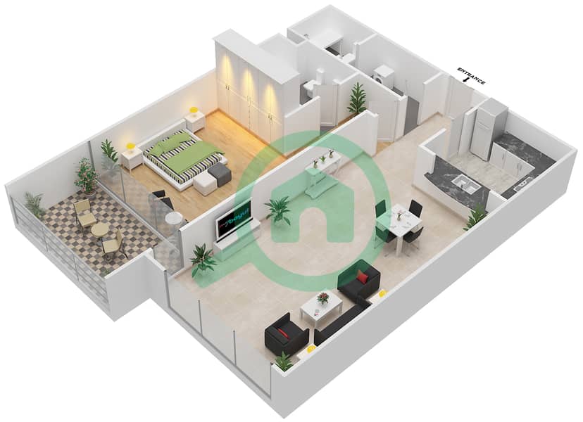 المخططات الطابقية لتصميم النموذج 1 شقة 1 غرفة نوم - أوليمبك بارك 1 interactive3D