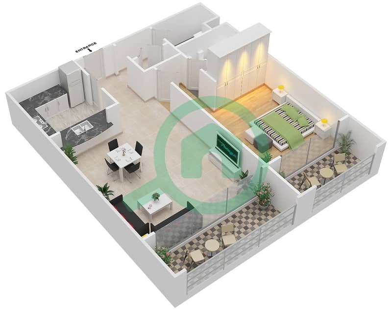 المخططات الطابقية لتصميم النموذج 3 شقة 1 غرفة نوم - أوليمبك بارك 1 interactive3D