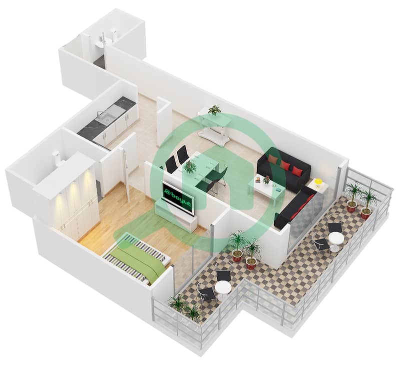 المخططات الطابقية لتصميم النموذج / الوحدة C/16 شقة 1 غرفة نوم - مساكن النخبة 3 interactive3D