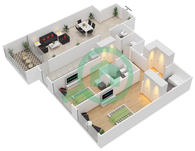 奥林匹克公园1号公寓 - 2 卧室公寓类型4戶型图 interactive3D