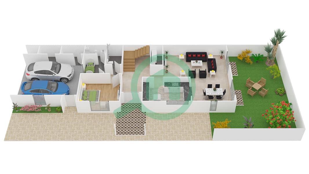 المخططات الطابقية لتصميم النموذج 2 فیلا 4 غرف نوم - فلل برايم Ground Floor interactive3D