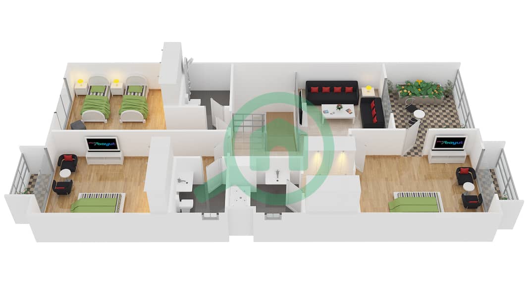 المخططات الطابقية لتصميم النموذج 2 فیلا 4 غرف نوم - فلل برايم First Floor interactive3D