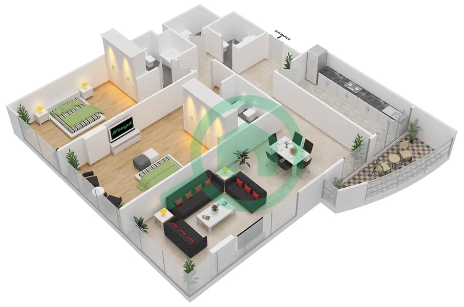 المخططات الطابقية لتصميم النموذج 2 شقة 2 غرفة نوم - أوليمبك بارك 4 interactive3D