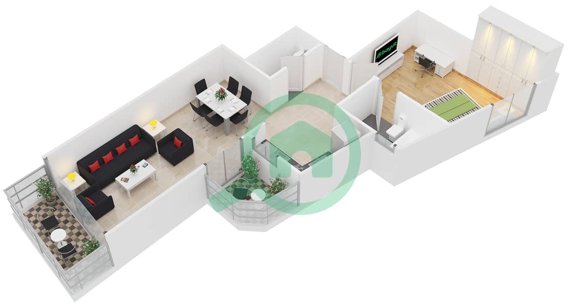 المخططات الطابقية لتصميم النموذج 2 شقة 1 غرفة نوم - برج يوني استايت الرياضي interactive3D