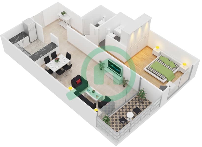المخططات الطابقية لتصميم النموذج 5 شقة 1 غرفة نوم - برج يوني استايت الرياضي interactive3D
