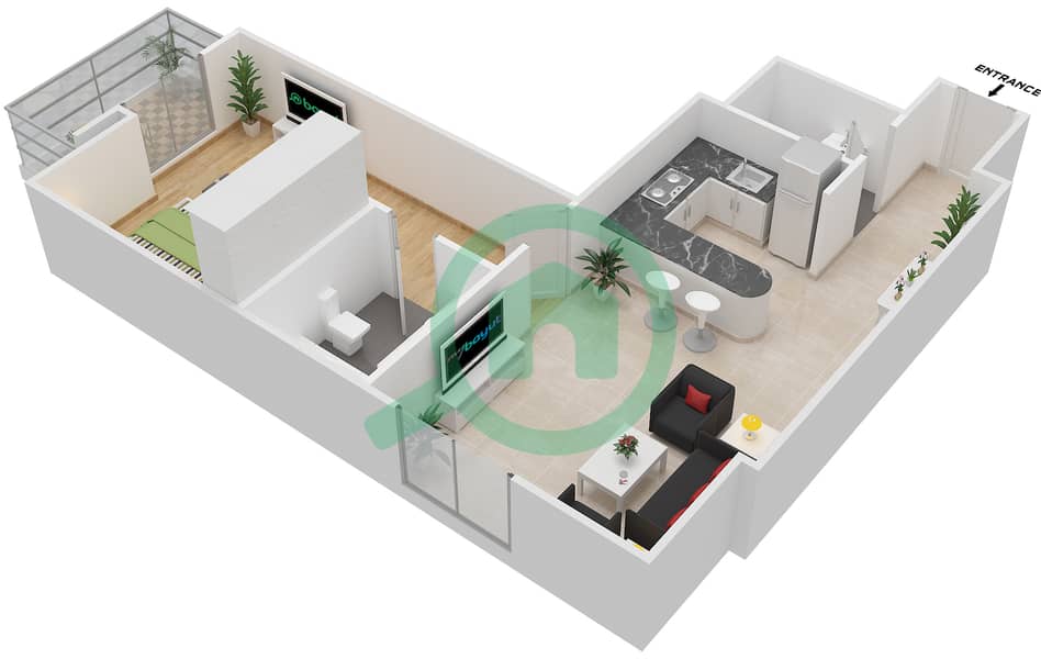 المخططات الطابقية لتصميم النموذج 1 شقة 1 غرفة نوم - المساكن الحمراء interactive3D