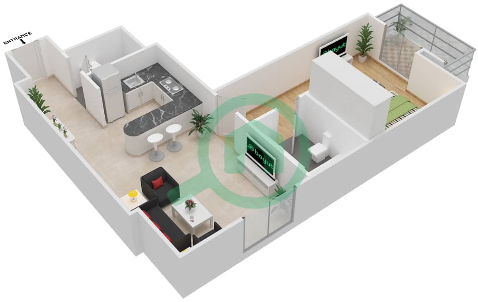 المخططات الطابقية لتصميم النموذج 2 شقة 1 غرفة نوم - المساكن الحمراء interactive3D
