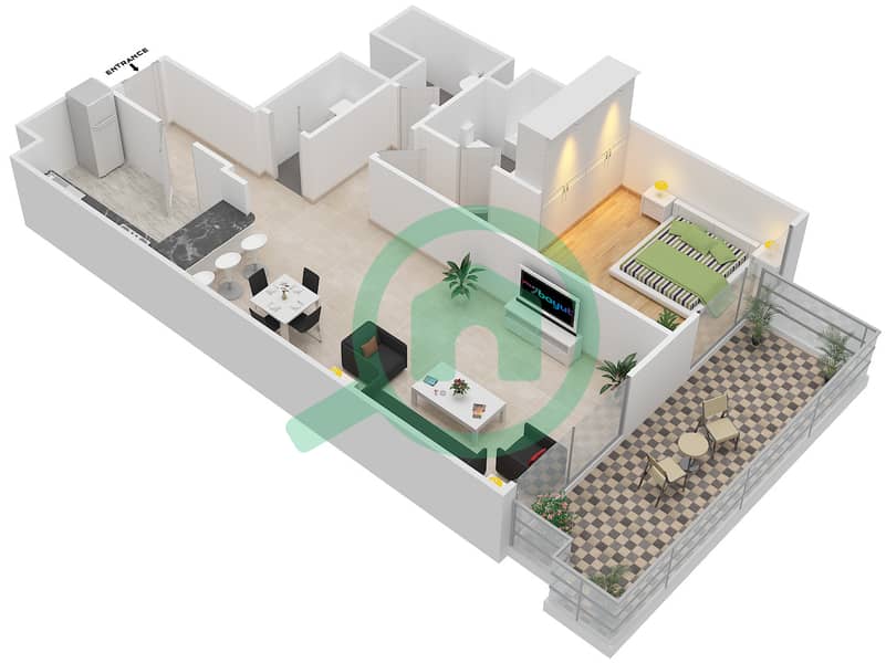 المخططات الطابقية لتصميم الوحدة 01,08 شقة 1 غرفة نوم - ستاديم بوينت Floor 6-19 interactive3D