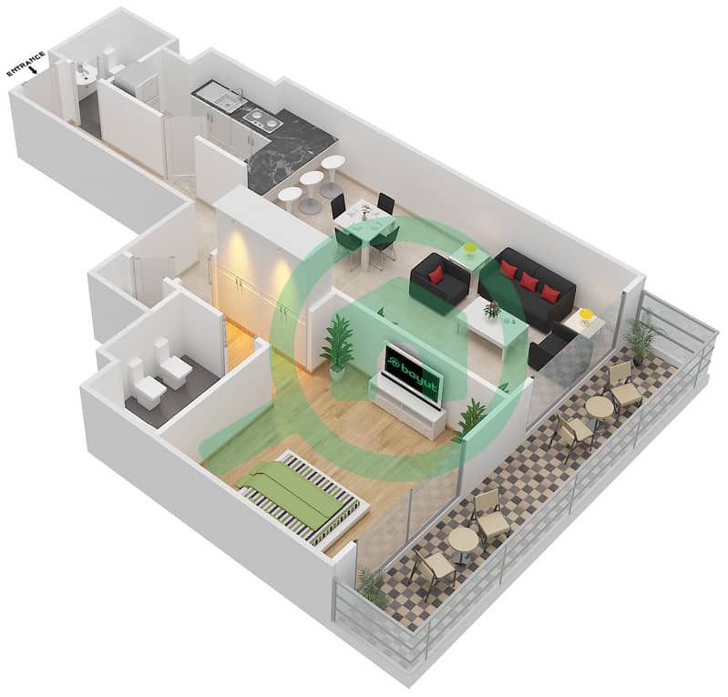 المخططات الطابقية لتصميم الوحدة 02,09 شقة 1 غرفة نوم - ستاديم بوينت Floor 6-19 interactive3D
