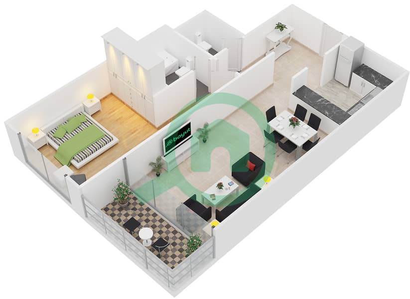 المخططات الطابقية لتصميم النموذج 6 شقة 1 غرفة نوم - برج يوني استايت الرياضي interactive3D