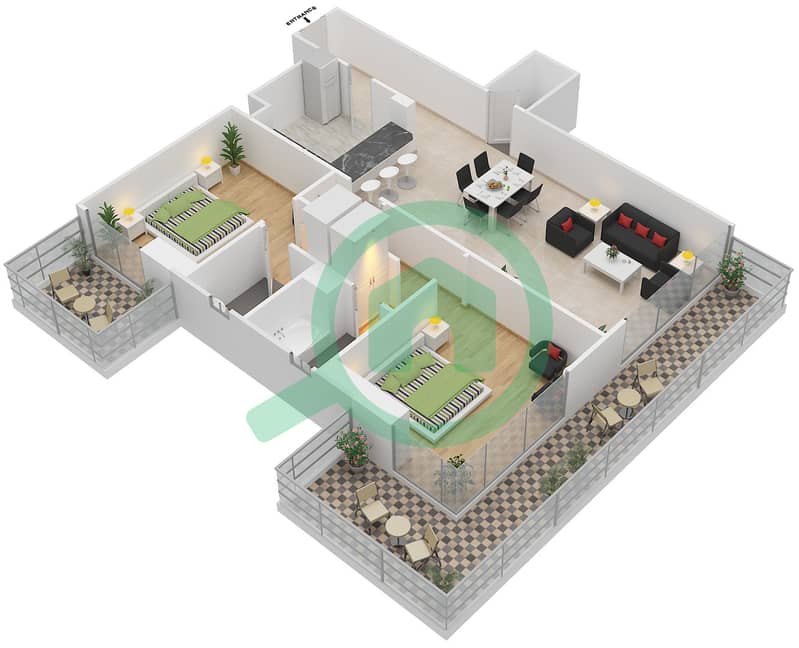 المخططات الطابقية لتصميم الوحدة 03,10 شقة 2 غرفة نوم - ستاديم بوينت Floor 6-19 interactive3D