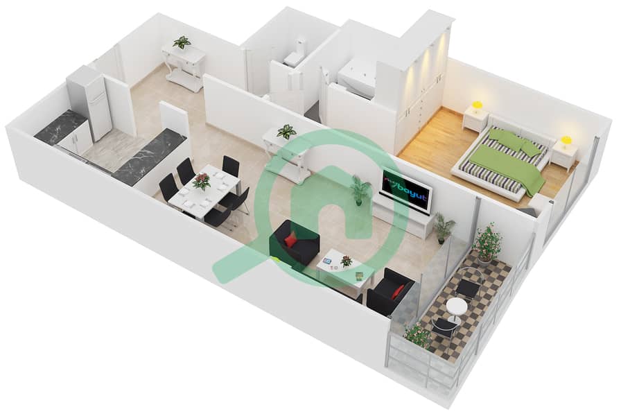 المخططات الطابقية لتصميم النموذج 10 شقة 1 غرفة نوم - برج يوني استايت الرياضي interactive3D