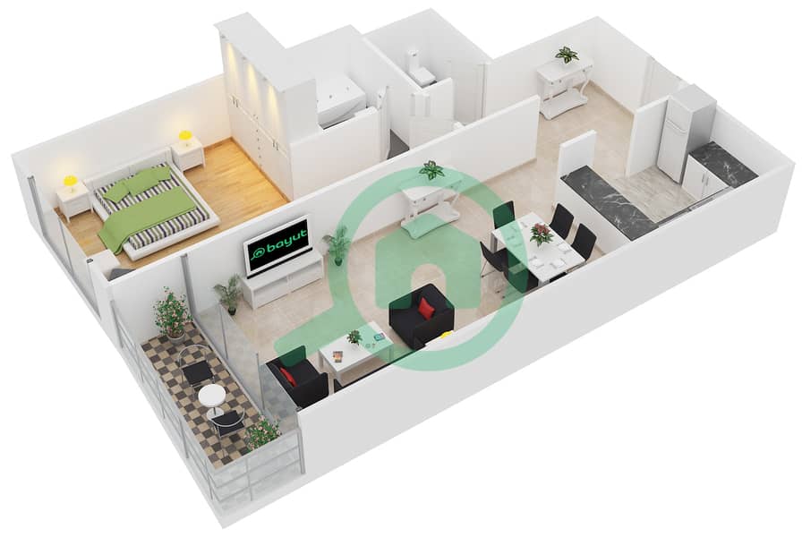 المخططات الطابقية لتصميم النموذج 11 شقة 1 غرفة نوم - برج يوني استايت الرياضي interactive3D