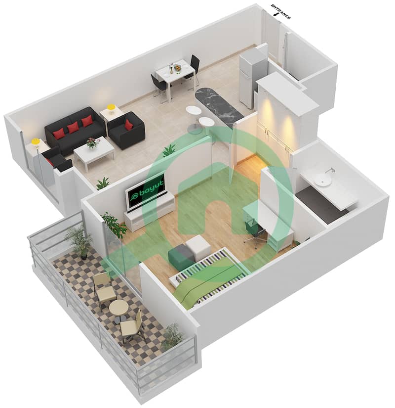 红色公寓 - 1 卧室公寓类型5戶型图 interactive3D