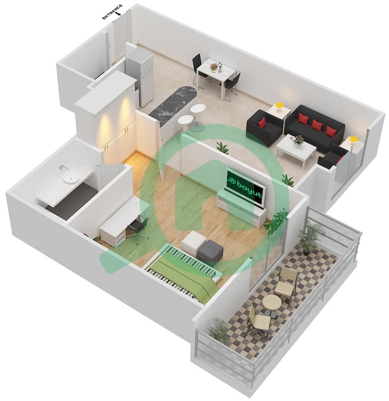 المخططات الطابقية لتصميم النموذج 6 شقة 1 غرفة نوم - المساكن الحمراء interactive3D