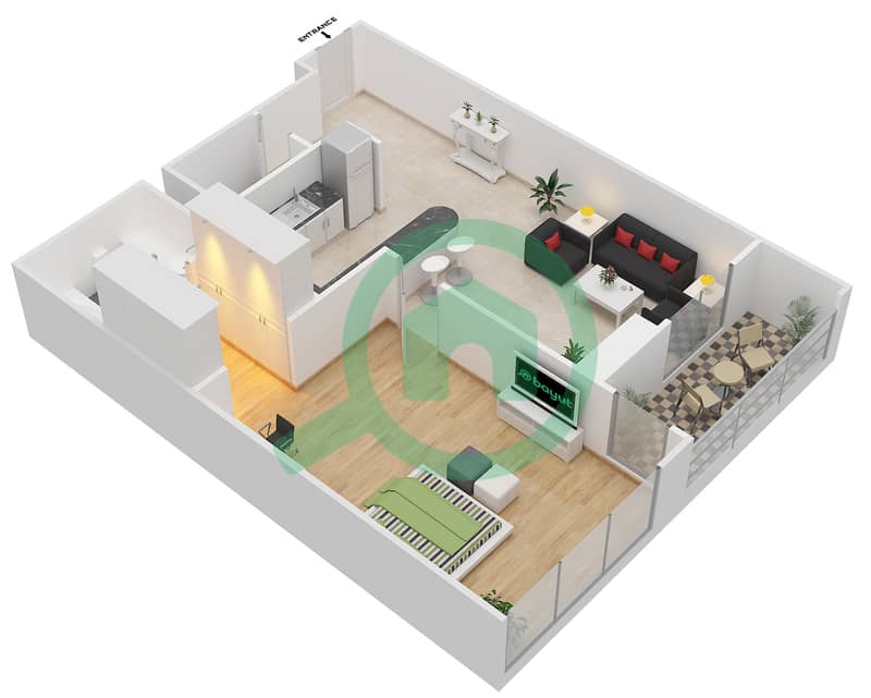 المخططات الطابقية لتصميم النموذج 7 شقة 1 غرفة نوم - المساكن الحمراء interactive3D