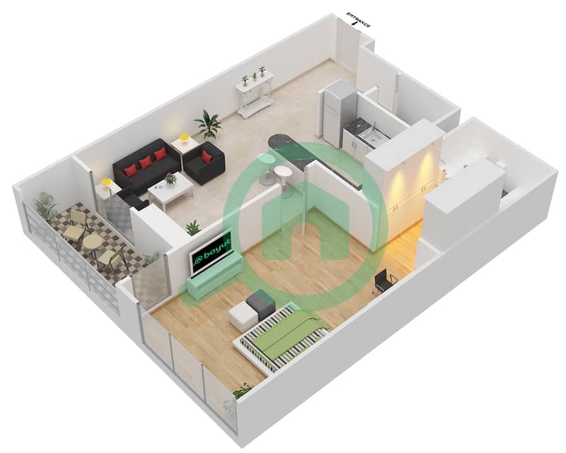 红色公寓 - 1 卧室公寓类型9戶型图 interactive3D