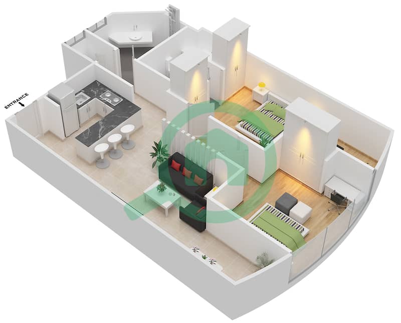 المخططات الطابقية لتصميم النموذج 11 شقة 2 غرفة نوم - المساكن الحمراء interactive3D