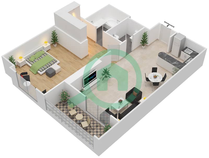 المخططات الطابقية لتصميم النموذج 12 شقة 1 غرفة نوم - المساكن الحمراء interactive3D