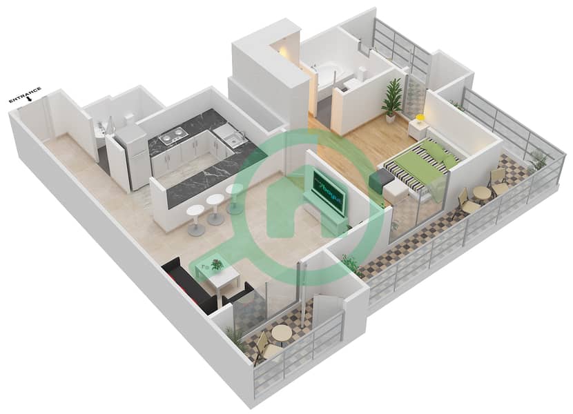 المخططات الطابقية لتصميم النموذج E شقة 1 غرفة نوم - برج ذا دايموند interactive3D