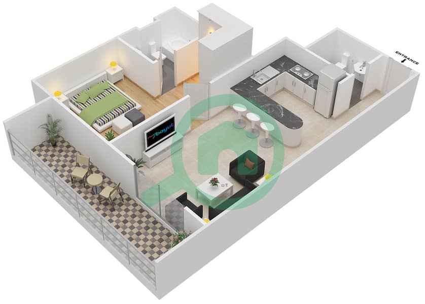 المخططات الطابقية لتصميم النموذج F شقة 1 غرفة نوم - برج ذا دايموند interactive3D