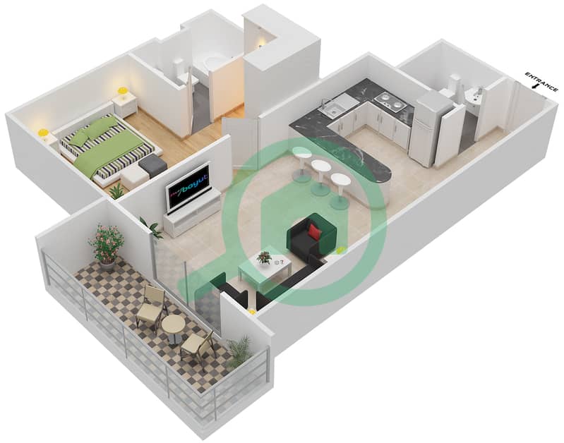 المخططات الطابقية لتصميم النموذج G شقة 1 غرفة نوم - برج ذا دايموند interactive3D