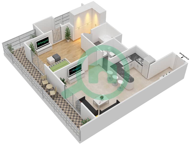 المخططات الطابقية لتصميم النموذج D-1 شقة 1 غرفة نوم - برج ذا دايموند interactive3D