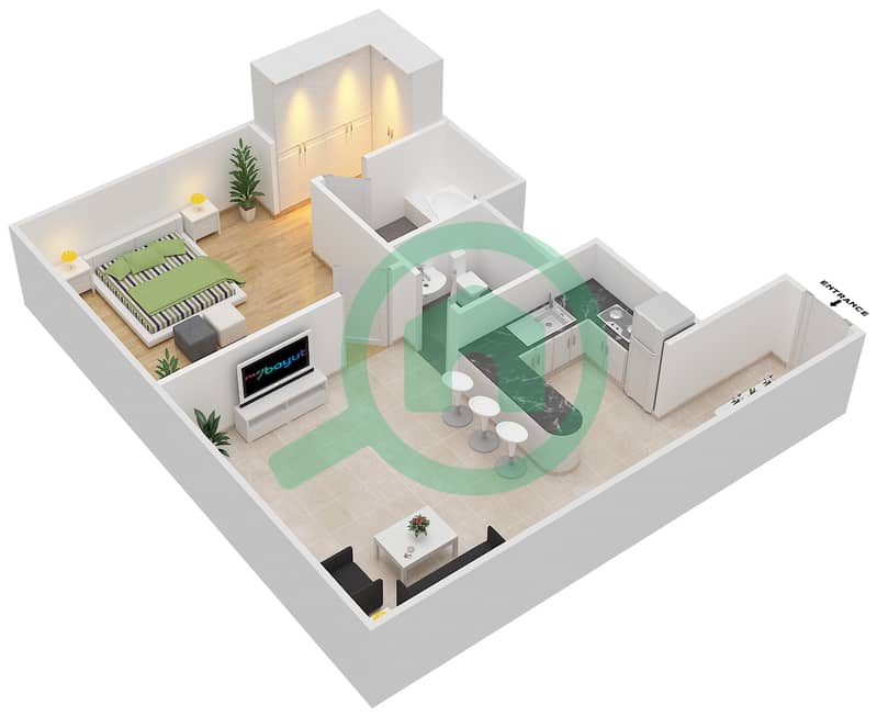 المخططات الطابقية لتصميم النموذج C-1 شقة 1 غرفة نوم - برج ذا دايموند interactive3D