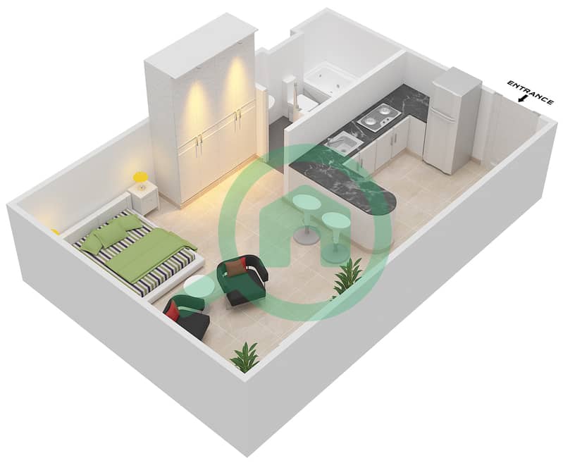 The Diamond - Studio Apartment Type B Floor plan interactive3D