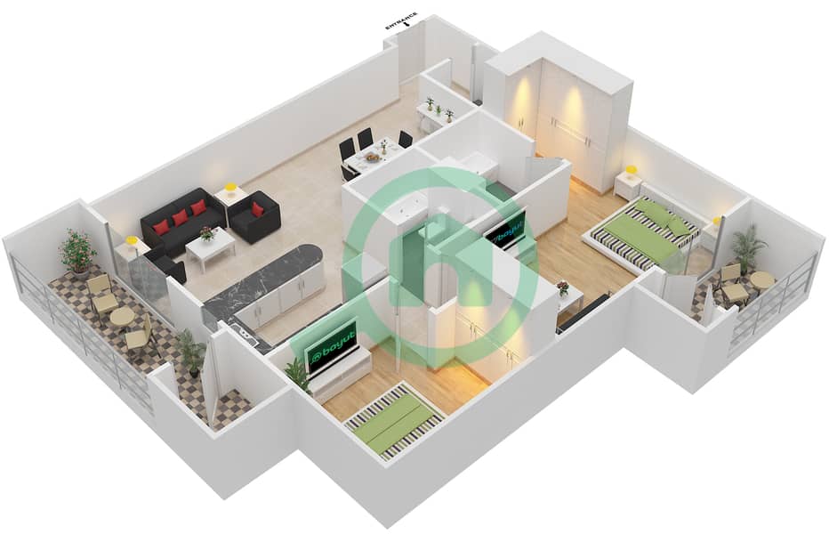 المخططات الطابقية لتصميم النموذج B-2 شقة 2 غرفة نوم - برج ذا دايموند interactive3D