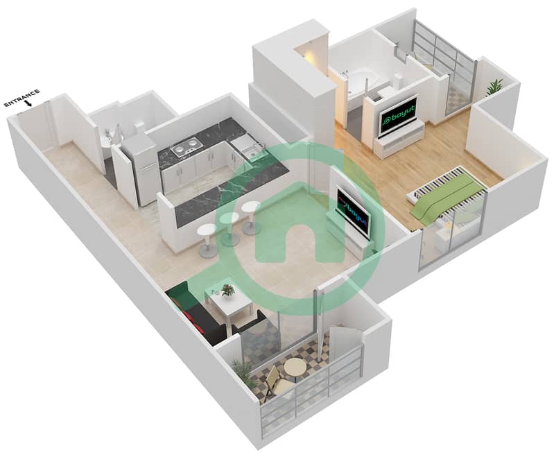 المخططات الطابقية لتصميم النموذج B-1 شقة 1 غرفة نوم - برج ذا دايموند interactive3D