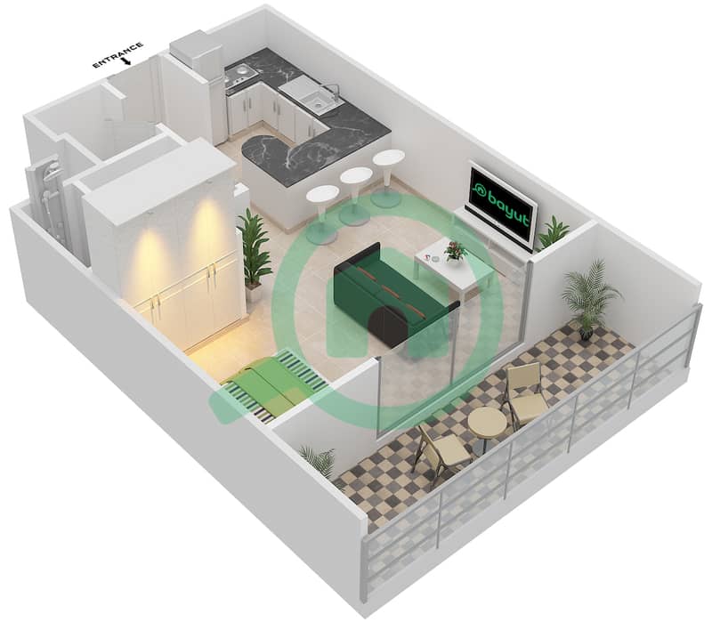المخططات الطابقية لتصميم النموذج A شقة استوديو - برج ذا دايموند interactive3D