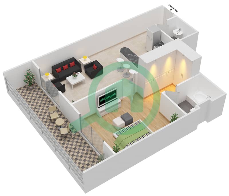 The Diamond - 1 Bedroom Apartment Type A-1 Floor plan interactive3D