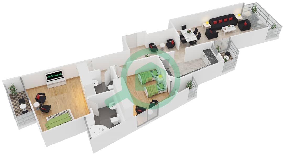 المخططات الطابقية لتصميم النموذج 8 شقة 2 غرفة نوم - برج يوني استايت الرياضي interactive3D