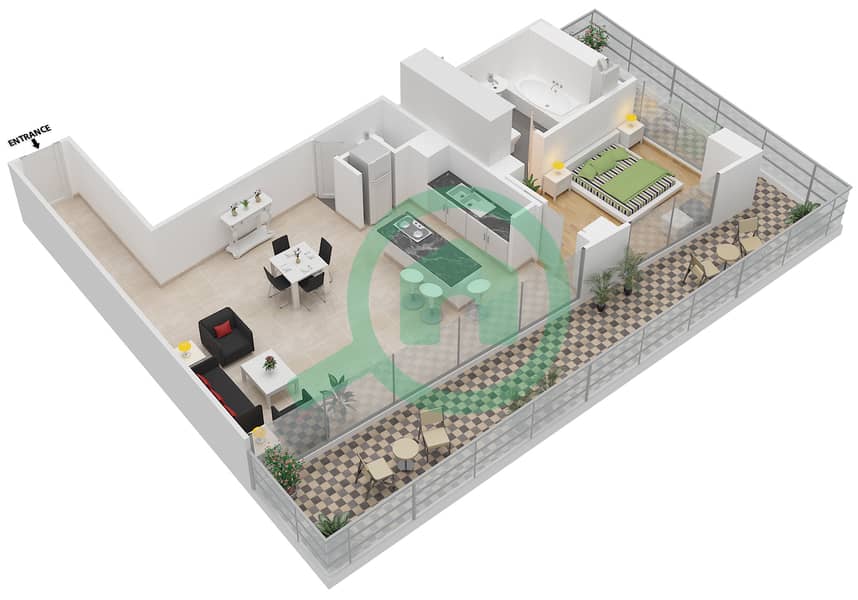 矩阵公寓大楼 - 1 卧室公寓类型2戶型图 interactive3D