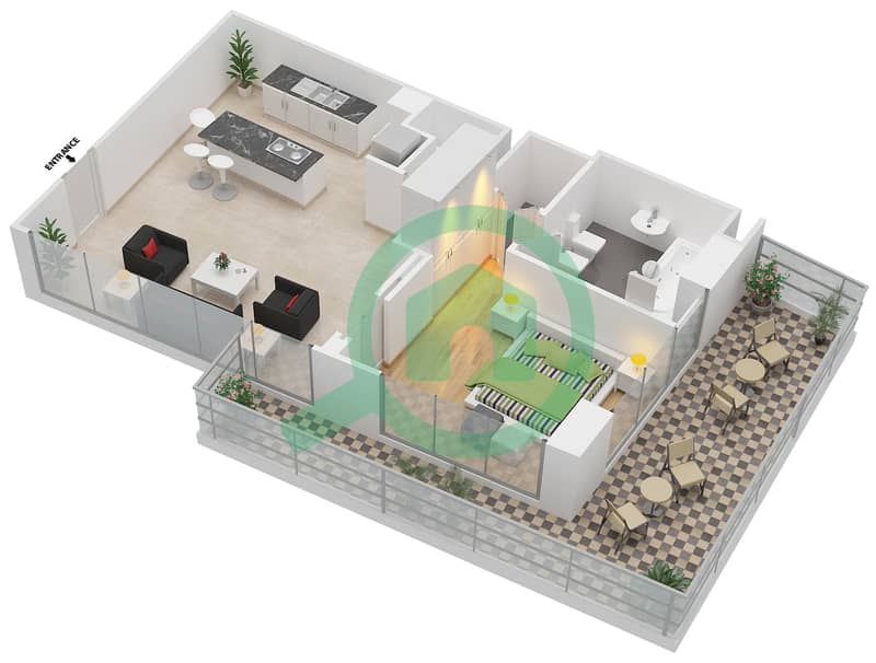 矩阵公寓大楼 - 1 卧室公寓类型7戶型图 interactive3D