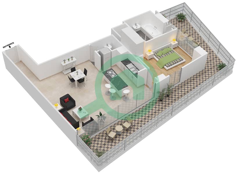 矩阵公寓大楼 - 1 卧室公寓类型9戶型图 interactive3D