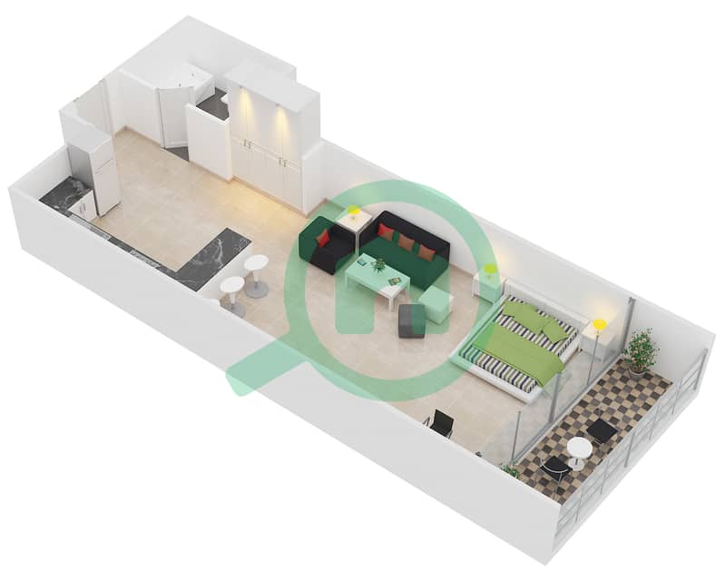 المخططات الطابقية لتصميم النموذج 1 شقة استوديو - برج يوني استايت الرياضي interactive3D