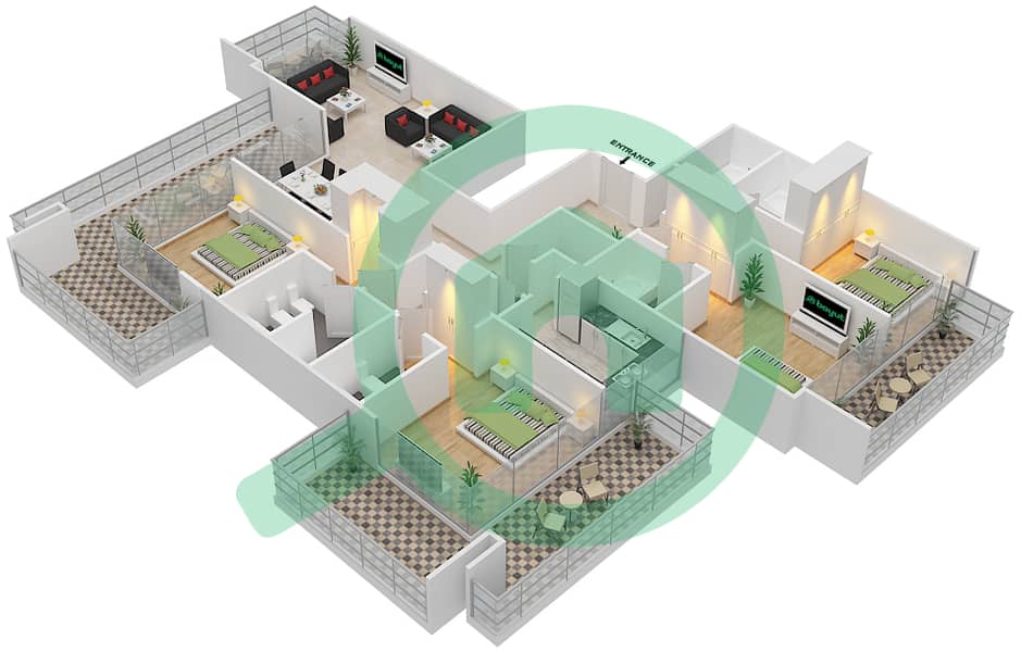 胜利者住宅大楼 - 4 卧室公寓类型A戶型图 interactive3D