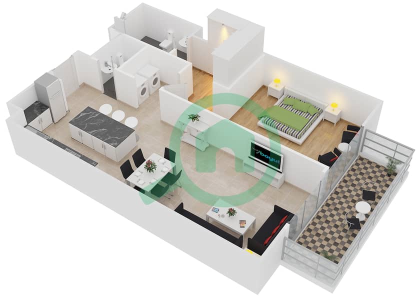 贝尔格莱维亚1号楼 - 1 卧室公寓类型1D戶型图 interactive3D
