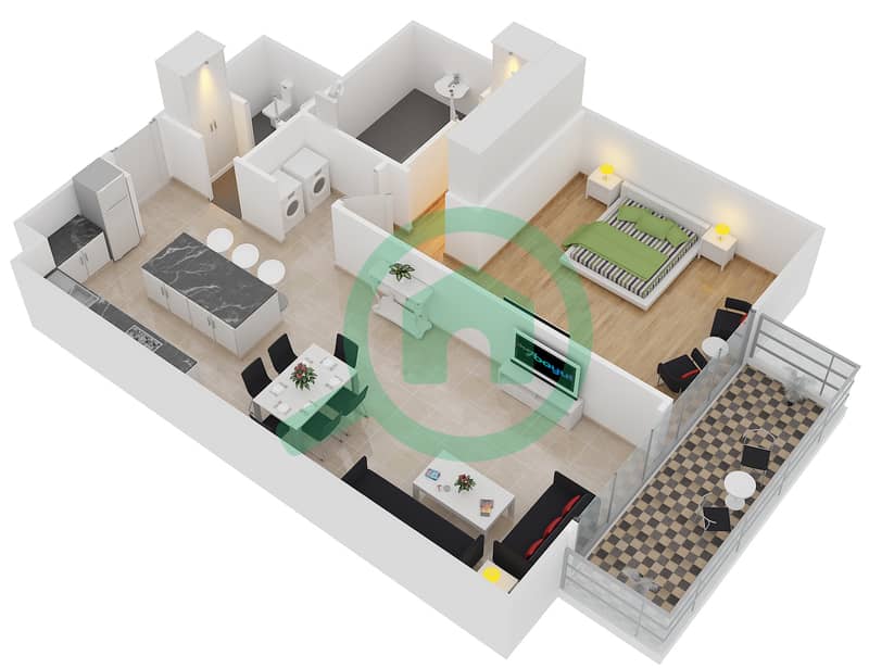 المخططات الطابقية لتصميم النموذج 1B شقة 1 غرفة نوم - بلجرافيا 1 interactive3D