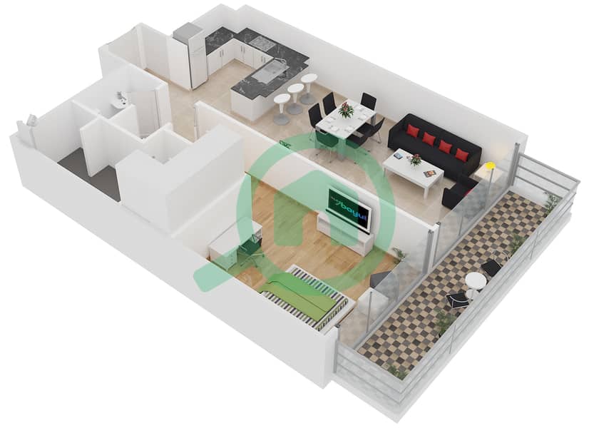 المخططات الطابقية لتصميم النموذج 2A شقة 1 غرفة نوم - بلجرافيا 2 interactive3D