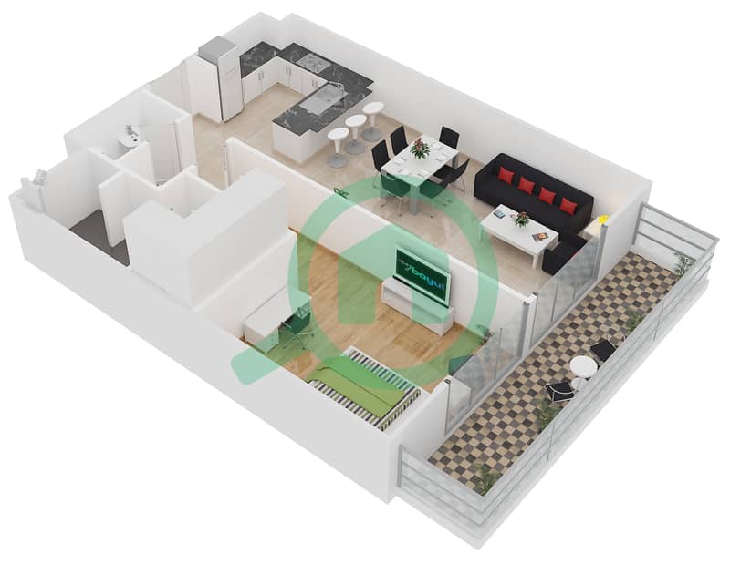 贝尔格莱维亚2号楼 - 1 卧室公寓类型2D戶型图 interactive3D