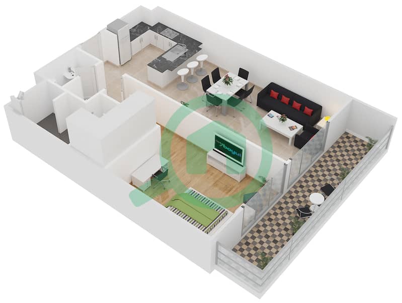 贝尔格莱维亚2号楼 - 1 卧室公寓类型2H戶型图 interactive3D